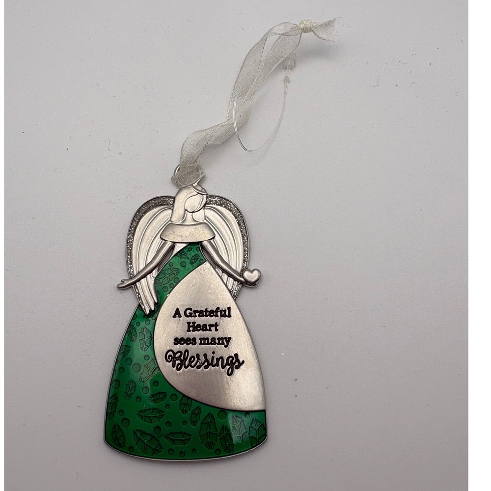 Angel Ornament Silver Green Grateful Heart Blessings Metal Christmas Religious